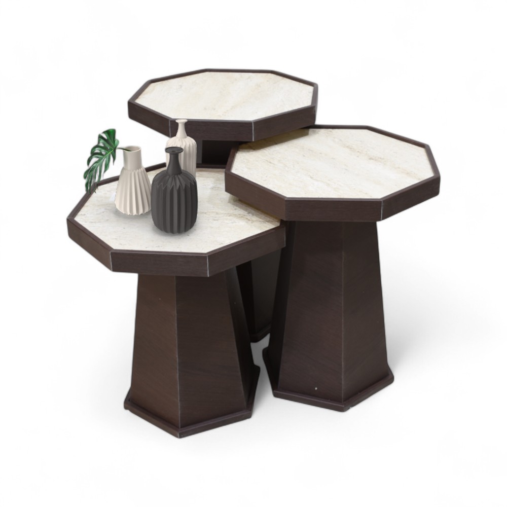 Jikon Table Set of 3 Traverten-Dark Walnut